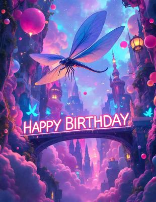 Happy Birthday: A colorful, digital art illustration of a dragon flying over a city with a bridge and buildings. The dragon is the primary subject, and the scene is set in a fantasy world. The visual style is digital art, and the colors and mood are vibrant and lively.