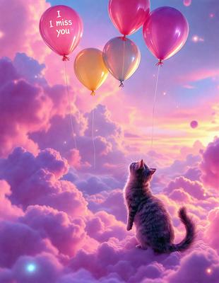 The primary subject of the image is a cat sitting on a cloud. The setting is a pink and purple sky with clouds, creating a whimsical and dreamy atmosphere. The visual style is a digital art or illustration, with the cat being the main focus of the scene. The colors and mood are predominantly pink and purple, giving the image a soft and dreamy feel.