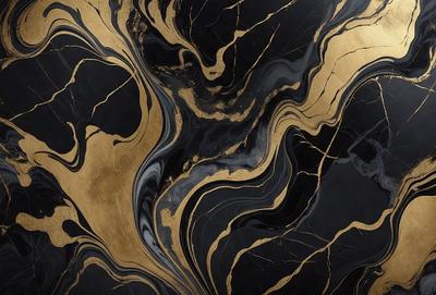 The primary subject of the image is a black and gold marble pattern. The setting is a black background, and the visual style appears to be a combination of a photo and digital art. The dominant colors are black and gold, creating a luxurious and elegant atmosphere.