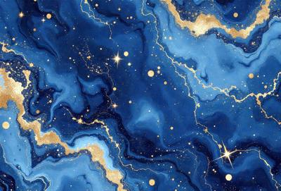 The primary subject of the image is a blue and gold starry background with a blue and gold swirl pattern. The setting is a night sky, and the visual style is a digital art or illustration. The dominant colors are blue and gold, creating a serene and celestial atmosphere.