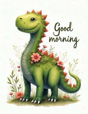 Primary subject: A cartoon dinosaur with a flower on its head.

Setting/background: A green field with flowers.

Visual style: Digital art.

Colors and mood: The image is colorful and has a cheerful, playful mood.