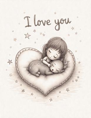 The primary subject of the image is a little girl sleeping on a heart-shaped pillow. The setting is a cozy, heart-shaped bed, and the visual style is a combination of digital art and illustration. The colors are warm and inviting, creating a comforting and peaceful atmosphere.