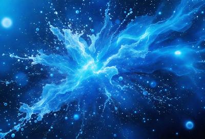 The primary subject of the image is a blue, swirling, and glowing object that resembles a blue lightning bolt. The setting is a dark, starry sky, with the blue lightning bolt as the main focus. The visual style is a digital art or illustration, creating a dynamic and captivating scene. The colors and mood are predominantly blue, with a sense of energy and movement.