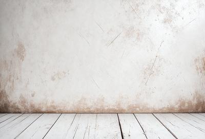 The primary subject of the image is a white wall with a brown stain on it. The setting is a room with a wooden floor. The visual style is a photo, and the colors and mood are predominantly white and brown, giving the image a slightly aged or weathered appearance.