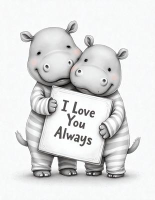 The primary subject of the image is two baby hippos holding a sign that reads "I love you always." The setting is a white background, and the visual style is a cartoon or illustration. The colors are predominantly white, which gives the image a clean and simple appearance. The overall mood is warm and affectionate, as the hippos are expressing their love for each other.