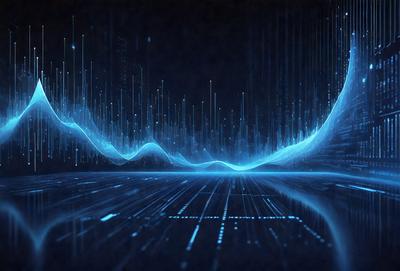The primary subject of the image is a blue, digital art-like representation of a cityscape. The setting is a dark, blue background, which contrasts with the bright blue cityscape. The visual style is a combination of digital art and a futuristic cityscape. The colors and mood of the image are predominantly blue, creating a calm and serene atmosphere.