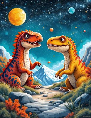 The image features two large, colorful dinosaurs sitting next to each other in a grassy field. The dinosaurs are positioned in such a way that they appear to be looking at each other. The scene is set against a backdrop of a night sky, with a moon visible in the background. The overall atmosphere of the image is lively and engaging, with the vibrant colors of the dinosaurs and the night sky creating a captivating visual experience.
