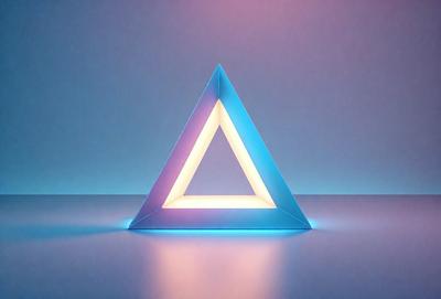 The primary subject of the image is a blue and pink triangular light. The light is illuminated and appears to be a modern art piece. The setting is a blue background, which complements the colors of the light. The visual style is a combination of digital art and lighting design, creating a unique and eye-catching display. The colors and mood of the image are vibrant and energetic, with the blue and pink hues evoking a sense of creativity and innovation.