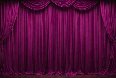 The primary subject of the image is a purple curtain, which is the main object, scene, or focus of the image. The setting is a stage, with the curtains hanging down, creating a theatrical backdrop. The visual style is a photo, capturing the purple curtains in their natural environment. The colors and mood of the image are predominantly purple, creating a dramatic and moody atmosphere.