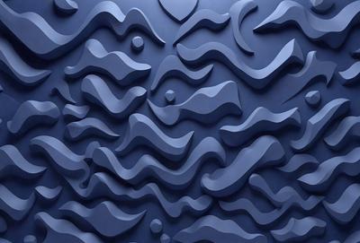 The primary subject of the image is a blue wall with a pattern of waves. The setting is a room with a blue wall, and the visual style is a digital art or illustration. The dominant colors are blue and white, creating a calm and soothing atmosphere.