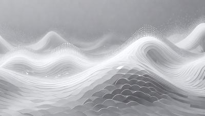 The primary subject of the image is a large, white, and gray wave. The wave is the main focus of the image, and it is set against a gray background. The visual style of the image is a combination of digital art and illustration, creating a dynamic and modern appearance. The dominant colors in the image are white and gray, giving it a clean and minimalist feel.