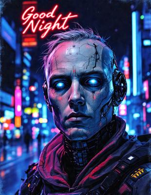 The primary subject of the image is a man with a cyborg face, wearing a red jacket and a hood. He is standing in a city at night, with a neon-lit background. The visual style of the image is a digital art or illustration, giving it a futuristic and surreal appearance. The dominant colors in the image are red, black, and blue, creating a bold and striking atmosphere.