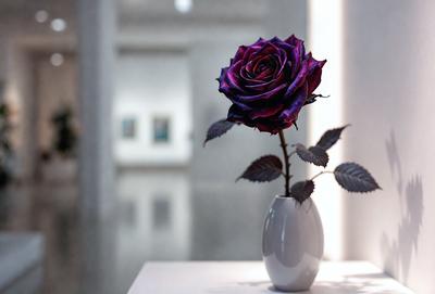The primary subject of the image is a single purple rose in a white vase. The rose is placed on a table, and the setting appears to be a room with a white wall. The visual style of the image is a photo, and the dominant colors are purple and white, creating a calm and serene atmosphere.