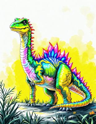 The primary subject of the image is a colorful, cartoon-like dinosaur with a long neck and a large head. The dinosaur is standing on a grassy field, surrounded by a lush green environment. The visual style of the image is a combination of digital art and illustration, giving it a vibrant and playful appearance. The dominant colors in the image are green, yellow, and pink, creating a cheerful and lively atmosphere.
