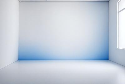 The primary subject of the image is a large, empty white room with a blue wall. The setting is a clean, minimalist space, and the visual style is a photo. The colors and mood of the image are predominantly white and blue, creating a calm and serene atmosphere.