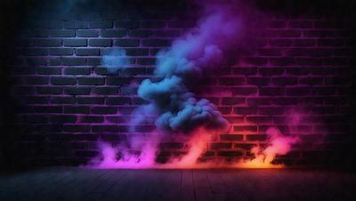 The primary subject of the image is a purple and pink smoke cloud. The setting is a brick wall, and the visual style appears to be a digital art or illustration. The dominant colors in the image are purple and pink, creating a vibrant and lively atmosphere.