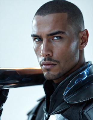 The primary subject of the image is a man with a shaved head, wearing a black suit and holding a sword. He is looking directly at the camera, giving the impression of a powerful and focused individual. The setting appears to be a studio or a controlled environment, as the man is posing for a picture. The visual style of the image is a combination of photography and digital art, creating a striking and detailed portrait of the man. The colors in the image are predominantly black and white, giving the scene a dramatic