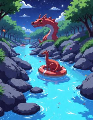 The primary subject of the image is a dragon, which is sitting on a large inflatable raft in a body of water. The dragon appears to be enjoying its time on the raft, surrounded by a serene environment. The setting includes a river with rocks and trees in the background, creating a peaceful and natural atmosphere. The visual style of the image is a digital art or illustration, showcasing the creativity and imagination of the artist. The colors and mood of the image are predominantly blue and