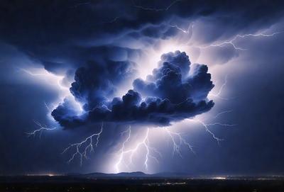 The primary subject of the image is a large, dark cloud with lightning bolts streaking through it. The cloud is positioned over a city, with buildings and lights visible in the background. The visual style of the image is a photo, capturing the dramatic and intense weather conditions. The colors and mood of the image are dark and intense, with the lightning bolts adding a sense of danger and power to the scene.