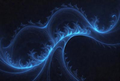 The primary subject of the image is a blue, swirling, and curling pattern that resembles a whirlpool or a vortex. The setting is a dark background, which contrasts with the vibrant blue color of the swirl. The visual style appears to be a digital art or illustration, as the swirl is intricately detailed and has a fluid, dynamic appearance. The colors and mood of the image are predominantly dark and moody, with the blue swirl being the main focal