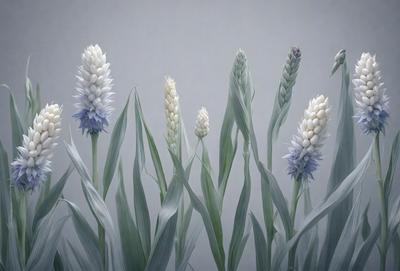 The primary subject of the image is a group of white flowers, possibly lilies, with long stems. They are arranged in a visually appealing manner, creating a sense of harmony and beauty. The setting is a gray background, which contrasts with the white flowers, emphasizing their vibrant colors. The visual style of the image is a combination of photo and digital art, as it captures the essence of the flowers while also showcasing the artist's creativity. The colors and mood of the