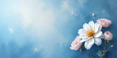 The primary subject of the image is a bouquet of white flowers, which are the main focus of the scene. The flowers are set against a backdrop of a blue sky, creating a serene and peaceful atmosphere. The visual style of the image is a photo, capturing the beauty of the flowers in their natural environment. The colors of the flowers and the sky are predominantly white and blue, which contribute to the calming and soothing mood of the image.