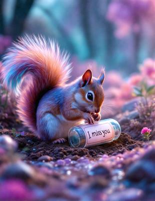 The primary subject of the image is a small, cute squirrel. The setting is a field with flowers, and the visual style is a digital art illustration. The colors are predominantly pink and purple, creating a warm and inviting atmosphere. The squirrel is holding a small bottle with the words "I miss you" written on it, which adds a touch of sentimentality to the scene.