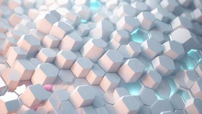 The primary subject of the image is a close-up of a white and blue geometric pattern, which appears to be a honeycomb-like structure. The setting is a white background, and the visual style is a combination of digital art and illustration. The dominant colors in the image are white and blue, creating a clean and modern atmosphere.
