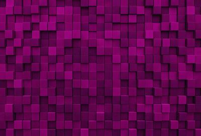 The primary subject of the image is a purple wall with a pattern of purple squares. The setting is a room with a purple wall, and the visual style is a close-up of the wall. The colors and mood of the image are predominantly purple, creating a calm and soothing atmosphere.