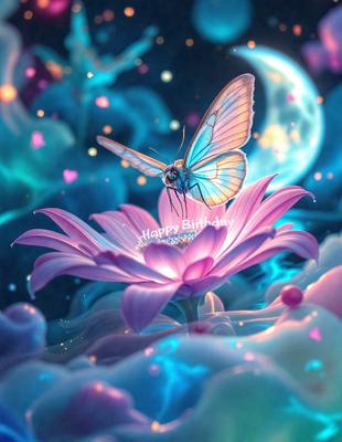 The primary subject of the image is a butterfly, which is sitting on top of a pink flower. The setting is a blue and purple background, creating a vibrant and colorful scene. The visual style is a digital art or illustration, with the butterfly and flower being the main focus of the image. The colors and mood of the image are lively and cheerful, with the blue and purple hues adding a sense of tranquility and beauty to the scene.