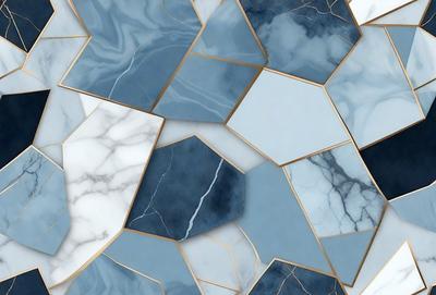 The primary subject of the image is a blue and white marble tile. The setting is a bathroom, with the tiles covering the walls and floor. The visual style is a close-up of the tiles, showcasing their intricate patterns and textures. The dominant colors are blue and white, creating a clean and elegant atmosphere.