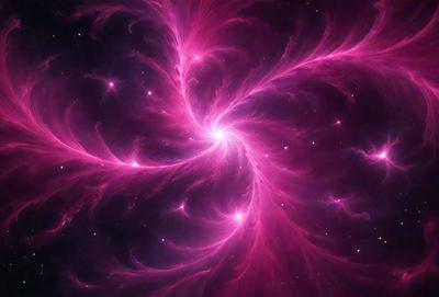 The primary subject of the image is a pink nebula, which is a swirling mass of gas and dust in space. The setting is a dark, starry sky, with the nebula being the main focus of the image. The visual style is a combination of a photo and digital art, creating a unique and captivating representation of the nebula. The dominant colors are pink and purple, giving the image a warm and serene atmosphere.