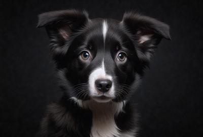 The primary subject of the image is a black and white dog with a white spot on its face. The dog is looking directly at the camera, creating a sense of connection and engagement with the viewer. The setting is a dark background, which emphasizes the dog's features and expression. The visual style is a close-up shot of the dog, capturing its details and emotions. The colors and mood of the image are predominantly black and white, giving it a classic and timeless feel.