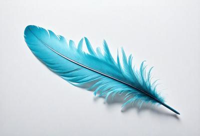 The primary subject of the image is a blue feather, which is the main object, scene, or focus of the image. The setting is a white background, which provides a clean and uncluttered environment for the feather. The visual style of the image is a close-up of the feather, showcasing its intricate details and texture. The colors and mood of the image are predominantly blue, giving it a calm and serene atmosphere.