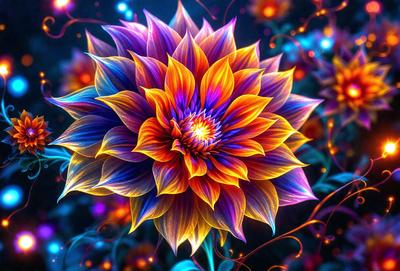 The primary subject of the image is a large, colorful flower with a vibrant and lively appearance. The flower is the focal point of the scene, and it is surrounded by a variety of other flowers, creating a visually appealing and diverse environment. The setting appears to be a garden or a natural outdoor space, with the flowers blooming and thriving in their surroundings. The visual style of the image is a combination of photo and digital art, as it captures the beauty and intricacy of