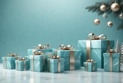 The primary subject of the image is a collection of blue and gold wrapped presents. The presents are arranged in a visually appealing manner, with some of them placed on a table. The setting is a blue background, which adds to the overall mood of the image. The visual style of the image is a combination of photo and digital art, creating a realistic yet artistic representation of the presents. The colors and mood of the image are predominantly blue and gold, giving it a warm and festive atmosphere.