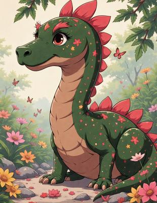 The primary subject of the image is a cartoon-like green dragon with a pink nose, sitting in a field of flowers. The dragon is surrounded by a variety of flowers, creating a vibrant and colorful scene. The visual style of the image is a digital art or illustration, with a playful and whimsical atmosphere. The colors and mood of the image are predominantly green, pink, and yellow, with a sense of joy and liveliness.