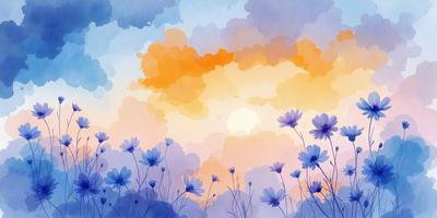 The primary subject of the image is a field of flowers, with a sunset in the background. The setting is a cloudy sky, and the visual style is a watercolor painting. The dominant colors are shades of blue, purple, and orange, creating a serene and peaceful atmosphere.