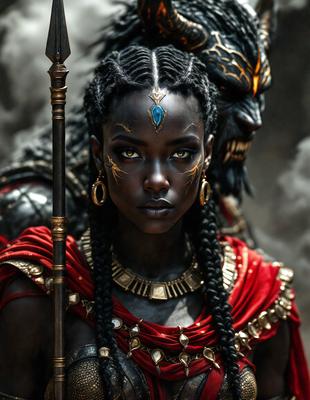 The primary subject of the image is a woman with dreadlocks, wearing a red and gold outfit. She is holding a staff and appears to be a warrior. The setting is a dark, possibly demonic, environment. The visual style is a combination of photo and digital art, creating a unique and intriguing scene. The colors are predominantly red and gold, giving the image a bold and powerful atmosphere.