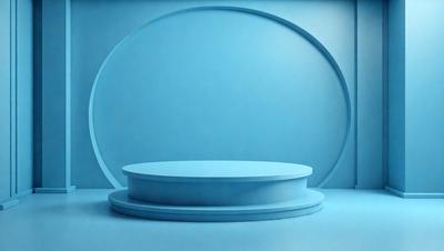 The primary subject of the image is a blue circular object, which appears to be a table or a piece of art. The setting is a blue background, which complements the blue circular object. The visual style is a close-up of the circular object, showcasing its details. The colors and mood of the image are predominantly blue, creating a calm and serene atmosphere.