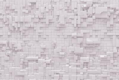 The primary subject of the image is a large, white, and intricate wall made of blocks. The setting is a white room, and the visual style is a combination of digital art and illustration. The dominant colors are white and gray, creating a clean and minimalist atmosphere.
