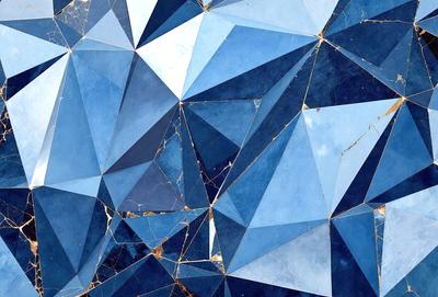 The primary subject of the image is a blue and white geometric pattern, which appears to be a mosaic or a piece of artwork. The setting is a blue background, which complements the colors of the pattern. The visual style of the image is a combination of digital art and illustration, creating a unique and eye-catching design. The dominant colors in the image are blue and white, giving it a calm and soothing atmosphere.