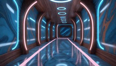 The primary subject of the image is a long, narrow hallway with a blue and white color scheme. The setting is a futuristic environment, possibly a space station or a high-tech building. The visual style is a combination of photo and digital art, creating a unique and intriguing atmosphere. The dominant colors are blue and white, with the blue walls and white floor, while the overall mood is one of mystery and wonder.
