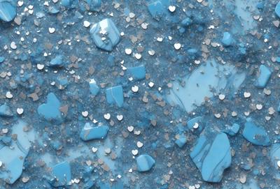 The primary subject of the image is a blue surface with glittery, shiny, and sparkly elements. The setting appears to be a blue background, possibly a wall or a table. The visual style of the image is a combination of a photo and digital art, creating a unique and eye-catching appearance. The dominant colors in the image are blue and silver, giving the scene a bright and luminous atmosphere.