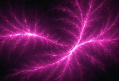 The primary subject of the image is a pink lightning bolt, which is the main object, scene, or focus of the image. The setting or background is a dark, pink-tinged environment, which adds to the overall atmosphere. The visual style of the image is a combination of photo and digital art, creating a unique and eye-catching effect. The dominant colors in the image are pink and purple, which contribute to the overall mood and aesthetic of the image.