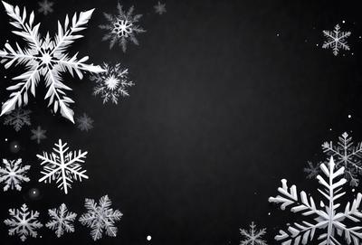 The primary subject of the image is a snowflake pattern, which is displayed on a black background. The setting is a dark, snowy environment, and the visual style is a combination of a photo and digital art. The dominant colors are white and black, creating a cold and wintry atmosphere.