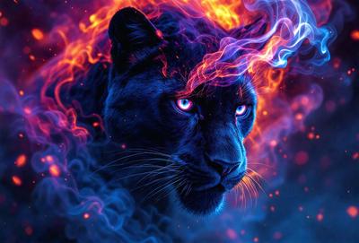 Primary subject: A black panther with blue eyes.

Setting/background: The panther is in front of a purple and orange background, which creates a vibrant and colorful scene.

Visual style: The image is a digital art or illustration, featuring a detailed and realistic representation of the panther.

Colors and mood: The dominant colors are purple, orange, and blue, creating a lively and energetic atmosphere. The blue eyes of the panther add a striking and