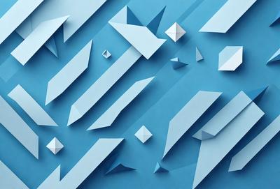 The primary subject of the image is a blue background with a pattern of triangles and diamonds. The setting appears to be a blue sky, and the visual style is a combination of digital art and illustration. The colors and mood of the image are predominantly blue, creating a calm and serene atmosphere.