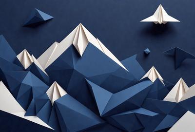 The primary subject of the image is a mountainous landscape, featuring a large mountain and a smaller one in the background. The setting is a blue sky, which serves as the backdrop for the scene. The visual style of the image is a combination of digital art and illustration, creating a unique and intricate design. The dominant colors in the image are blue and white, giving the scene a calm and serene atmosphere.