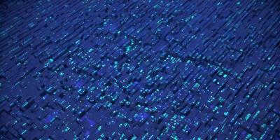 The primary subject of the image is a blue, glowing, and intricate cityscape. The setting is a blue background, which creates a striking contrast with the cityscape. The visual style appears to be a digital art or illustration, as the cityscape is composed of many small squares, creating a complex and detailed pattern. The colors and mood of the image are predominantly blue, with a sense of depth and intricacy.